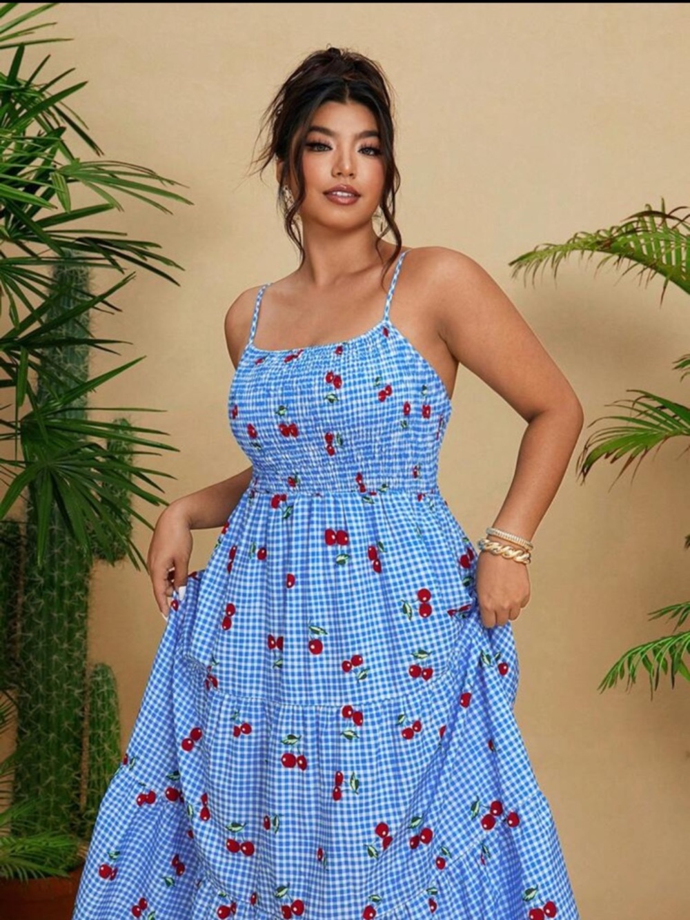 Blue Gingham Cherry Print Sundress - Women